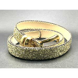 RIBCO Leather Belt Gold Glitter Shiny Sequins Beaded M/I USA Brass Buckle